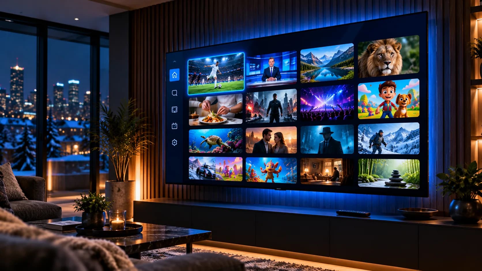 Smart TV showing a grid of live TV channels in a modern living room