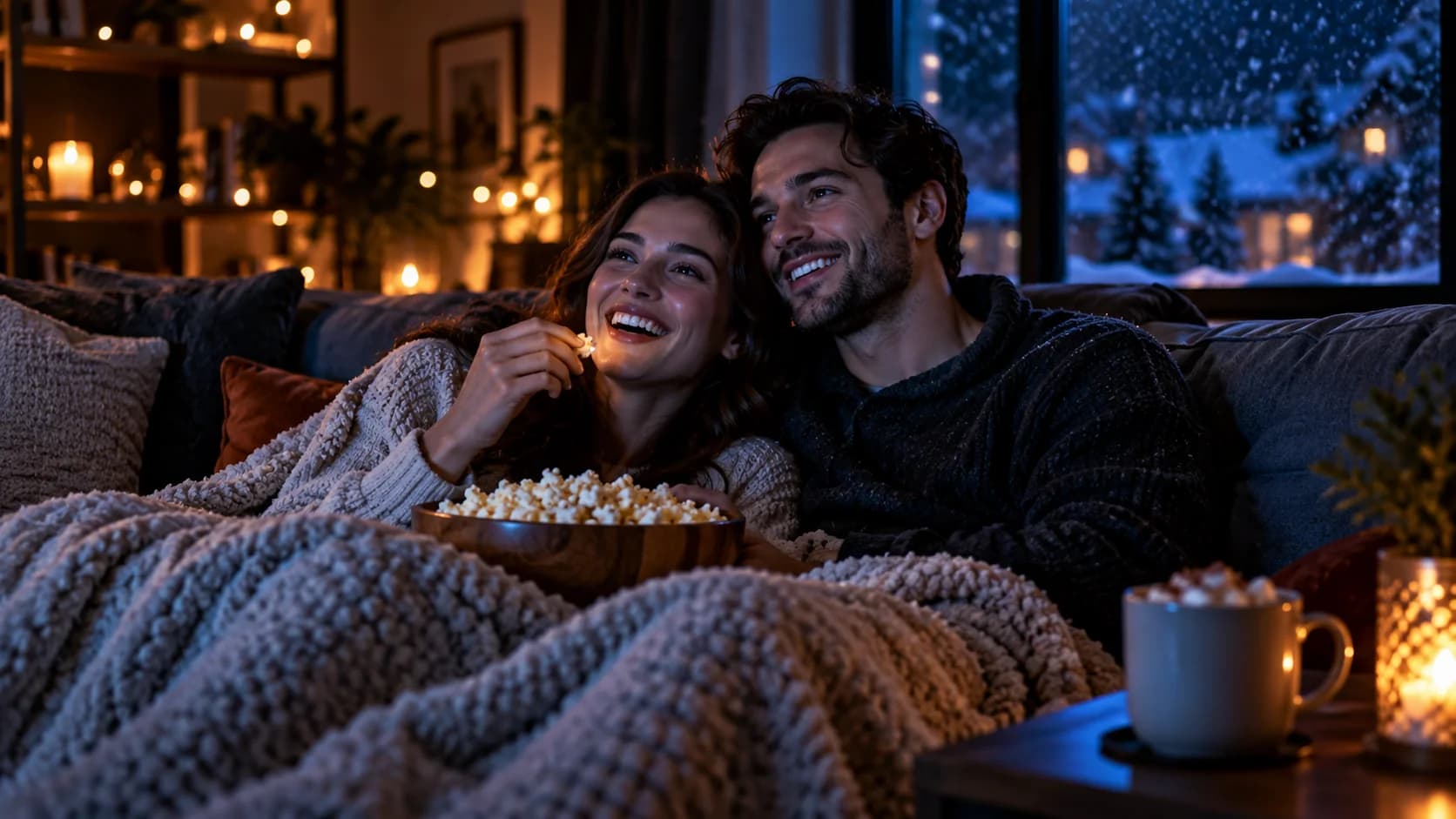 Couple under a blanket sharing popcorn during a movie night