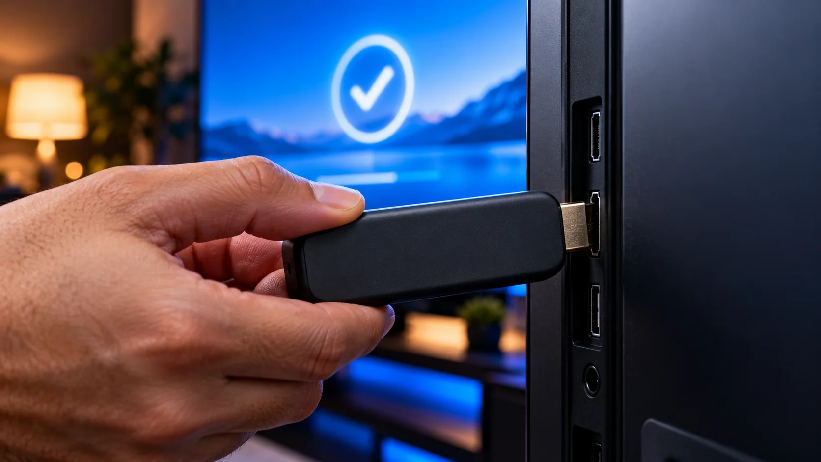 Hand plugging a streaming stick into the HDMI port of a TV
