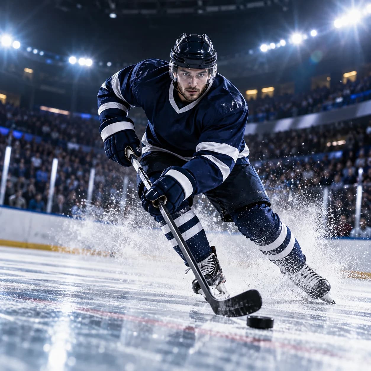 Ice hockey player skating with the puck in a bright arena