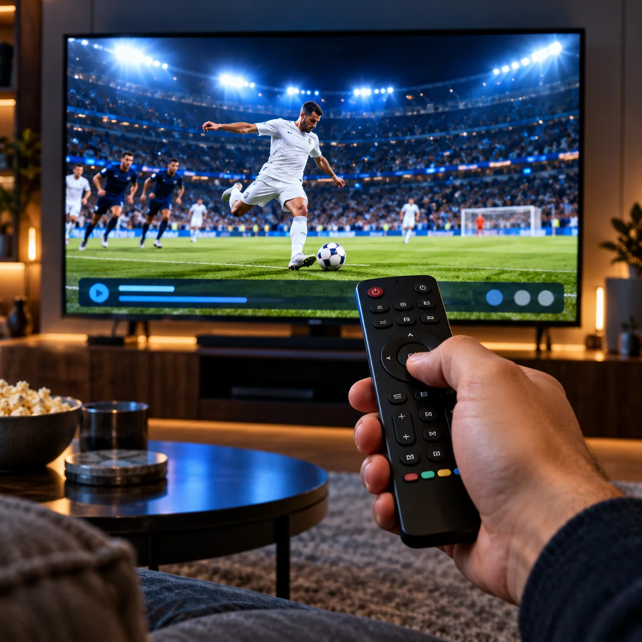 Hand holding a TV remote in front of a live football match on a 4K TV