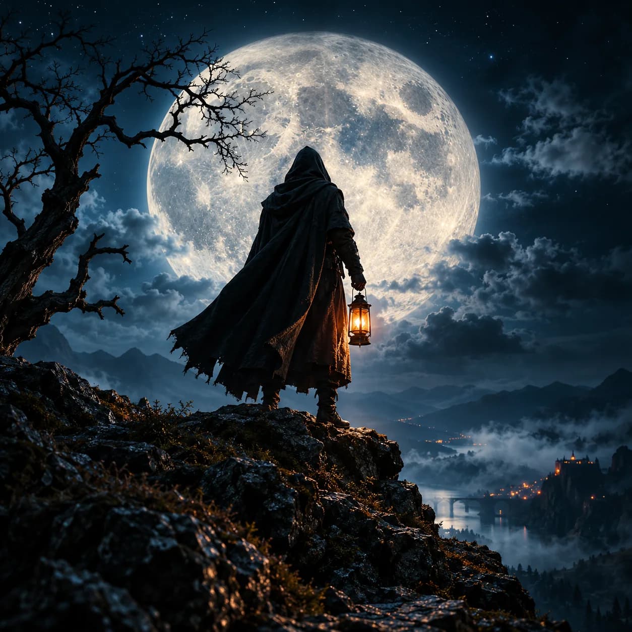Hooded traveller with a lantern under a full moon, a fantasy movie scene